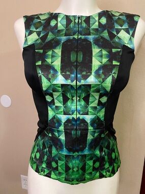 Veronika Maine Green Geometric Print Sleeveless Shell zip front Top 6